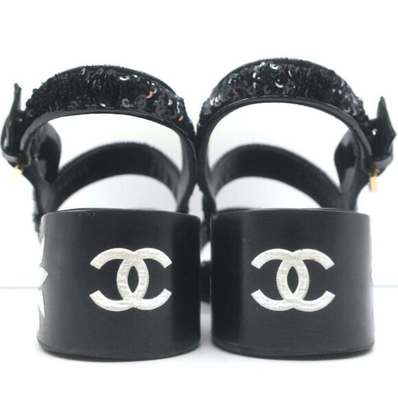 Chanel 16C Sequin Slingback Sandals Black Size 38.5 - Picture 8 of 12